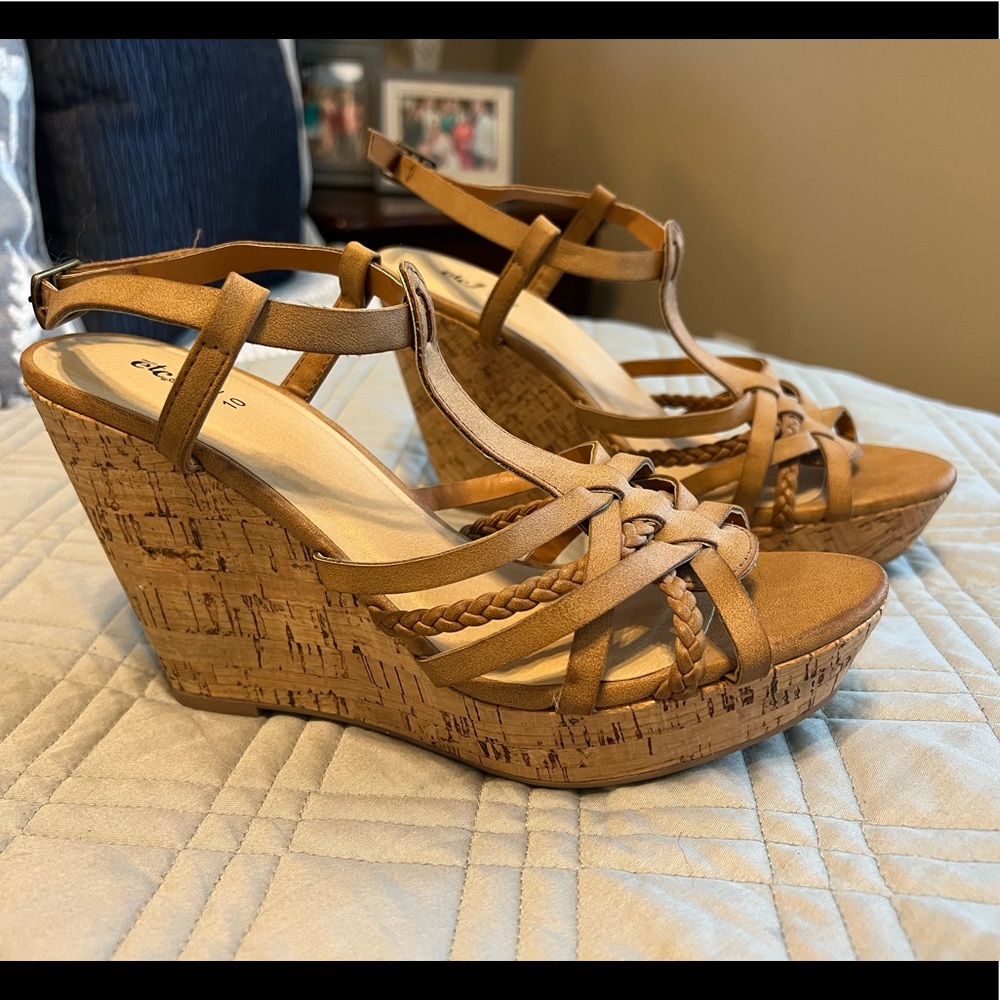 Tan Wedge Sandals- Size 10